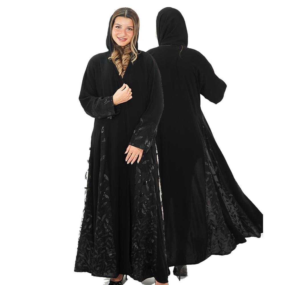 عبايه سوداء مزينة بكسرات و ورود سوداء بارزة