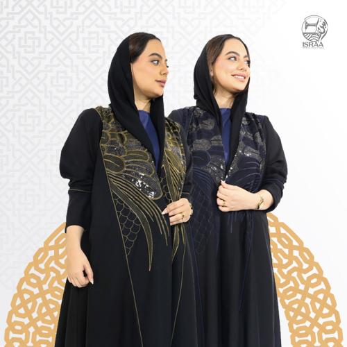 عبايه سوداء مطرزة بالألوان على شكل طاؤوس قماش كريب...