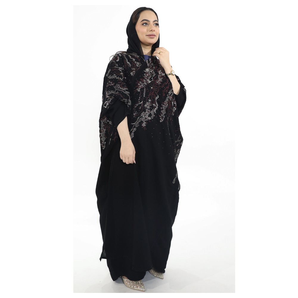 عباية كاجوال لف بقماش سيراميك ، مطرزة باللون العودي