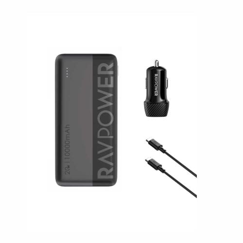 راف باور مجموعة باور بانك - 20 واط - سعة 10000mAh + شاحن سيارة + كابل Type-C إلى Type-C