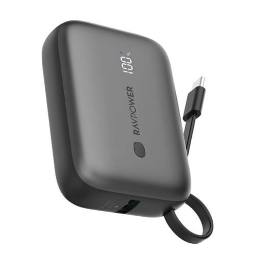 راف باور باور بانك - 10000 mAh - كابل Type-C مدمج - PD20 واط - أسود - RP-PB1224