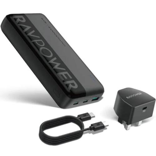 راف باور باور بانك 20000 mAh + شاحن جداري 20 واط - كابل Type-C إلى Type-C - أسود - RP-PC1085