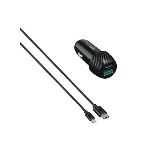 راف باور شاحن سيارة - منفذين - 49 واط + كابل Type-C إلى Lightning - طول 1 متر - أسود - RP-VC031