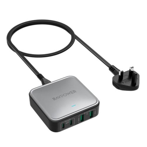 راف باور شاحن مكتبي - منفذ PD100 واط - 4 منافذ - تقنية GaN - أسود - RP-PC1042