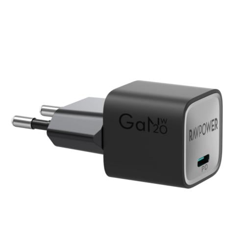 راف باور شاحن جداري - قوة PD20 واط - تقنية GaN مع كابل - Type-C إلى Type-C - أسود