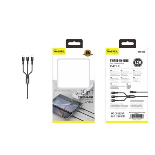 ماتريكس 3 في 1 كابل شحن Type-C - بطول 1.2 متر - أسود - MX 850