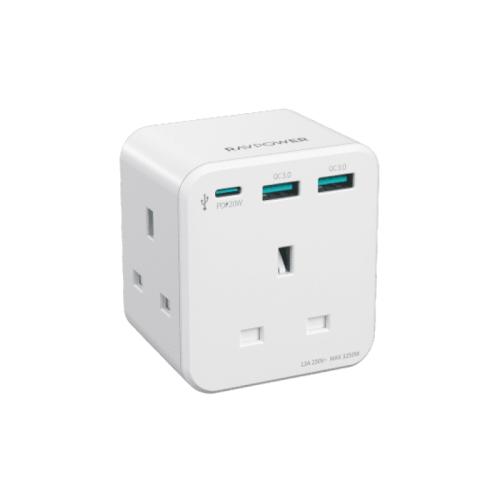 راف باور شاحن جداري - 20 واط - 3 منافذ - 3 منافذ AC - أبيض - RP-PC1037