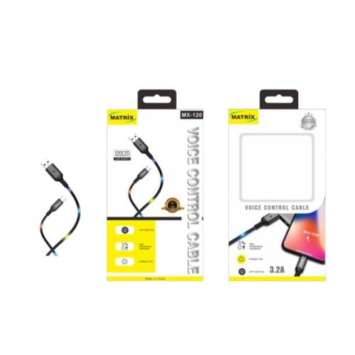 ماتريكس كابل USB إلى Type-C مع تحكم صوتي وإضاءة - 1 متر - أسود - MX 120