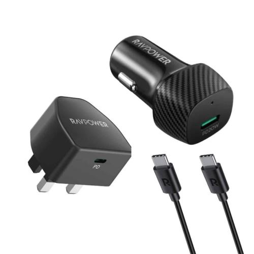 راف باور شاحن جداري بقوة 20 واط + كابل Type-C إلى Type-C + شاحن سيارة - 20 واط منفذ Type-C - أسود - RP-PC1081\