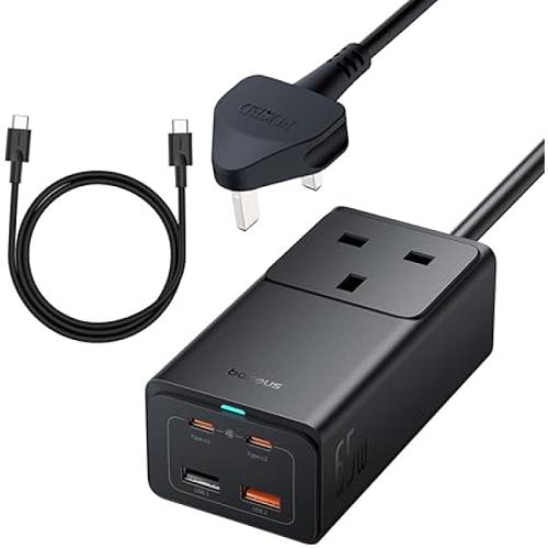 بايسوس شاحن جدراي 5 في 1 يدعم تقنية GaN5 مع كابل Type-C - Type-C - أسود - 65 واط - E00010800117-00