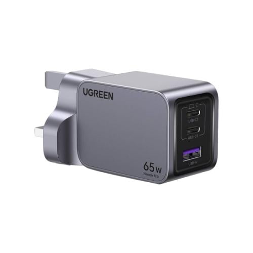 يو جرين نيكسود شاحن جداري 65 واط 3 منافذ شحن سريع - فضي