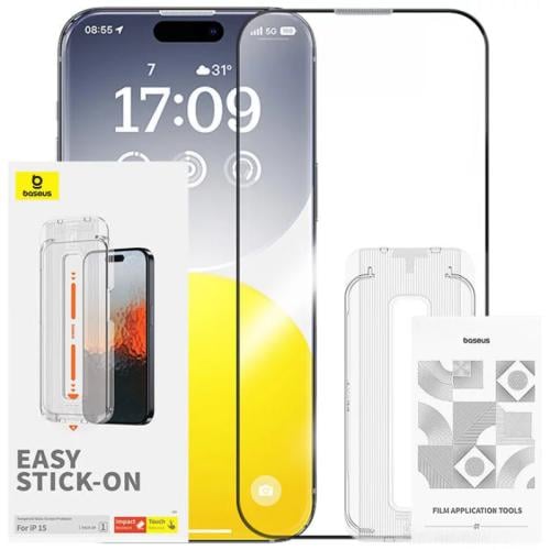 بايسوس Sapphire Series HD واقي شاشة من الزجاج المقوى مع فلتر غبار للآيفون 15 - شفاف - P60057504203-00