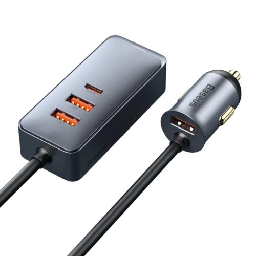 بايسوس Share Together PPS شاحن سيارة متعدد المنافذ ( USB-A 3 و 1 Type-C) يدعم الشحن السريع مع سلك تمديد - رمادي - CCBX-120U3X