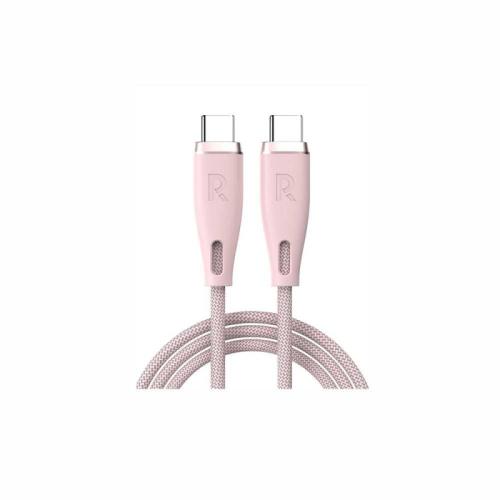 راف باور كابل Type-C إلى Type-C - شحن سريع - نايلون مضفر - 60 واط - 1.2 متر - وردي فاتح - RP-CB1037