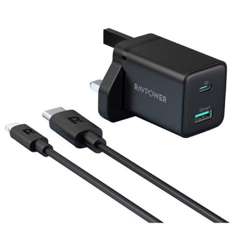 راف باور مجموعة 2 في 1 شاحن جداري - 20 واط + كابل شحن - Type-C إلى Lightning - أسود - RP-PC173