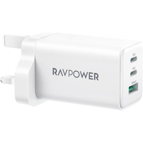 راف باور شاحن جداري - 3 منافذ - 65 واط - UK - أبيض - RP-PC172