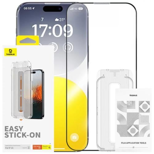 بايسوس Sapphire Series واقي شاشة من الزجاج المقوى مع فلتر للغبار مزود بخاصية حماية الخصوصية للآيفون 15 - شفاف - P60057505203-00