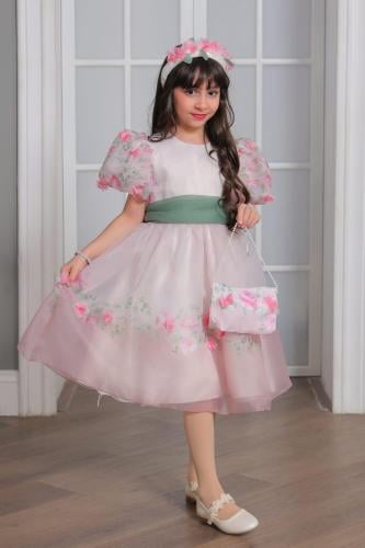 فستان بناتي مورد بدون طوق و شنطه 1 سنه - 16 سنه