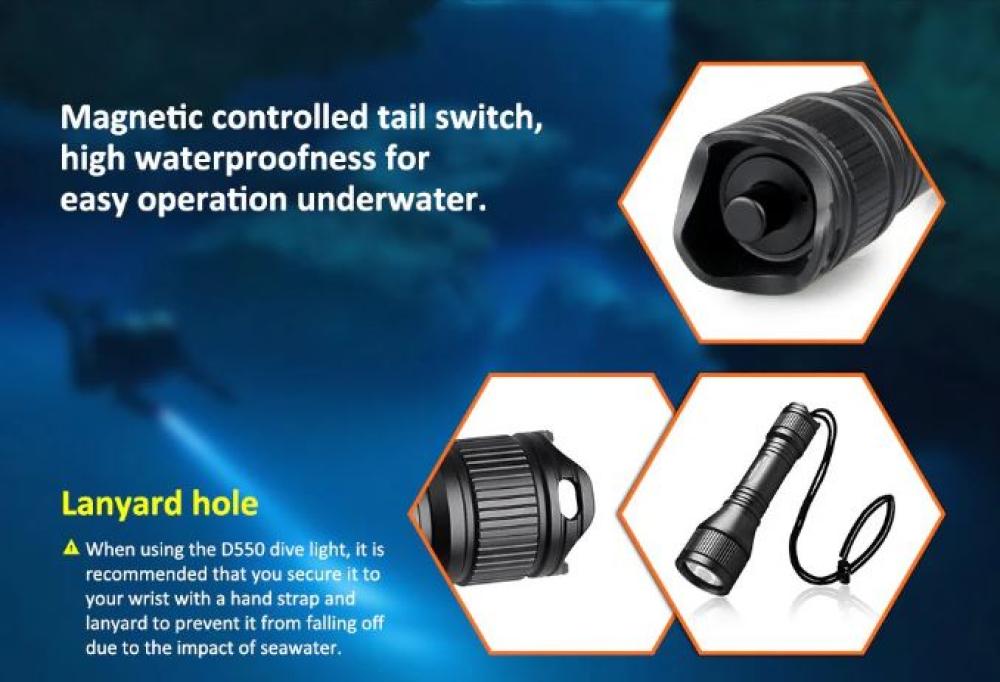 OrcaTorch D550 1000 Lumens Scuba Diving Light with Tail Magnetic Switch
