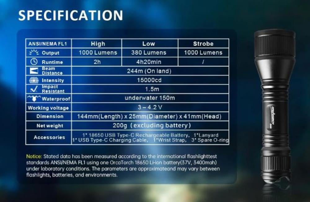 OrcaTorch D550 1000 Lumens Scuba Diving Light with Tail Magnetic Switch