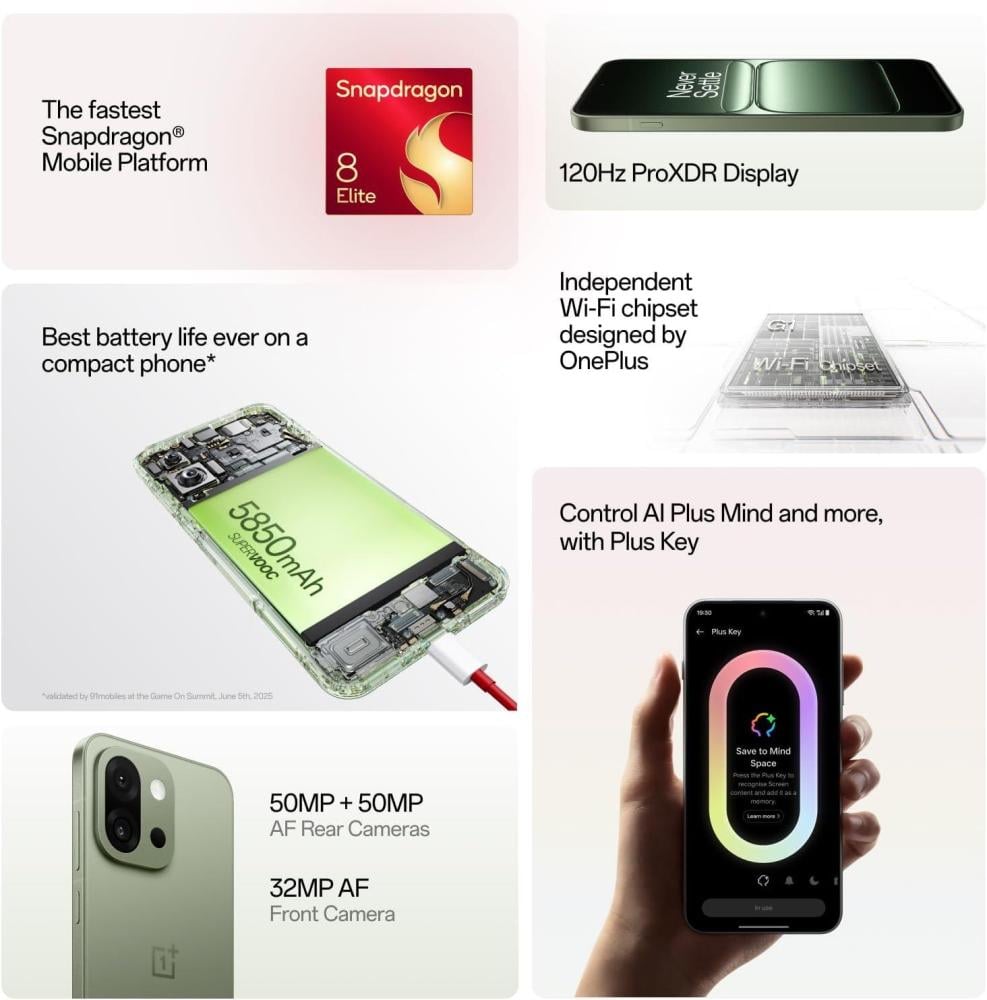 OnePlus 13s، Snapdragon® 8 Elite، ثنائي الشريحة 5G، الإصدار الهندي (Green Silk، 12 جيجابايت + 256 جيجابايت)