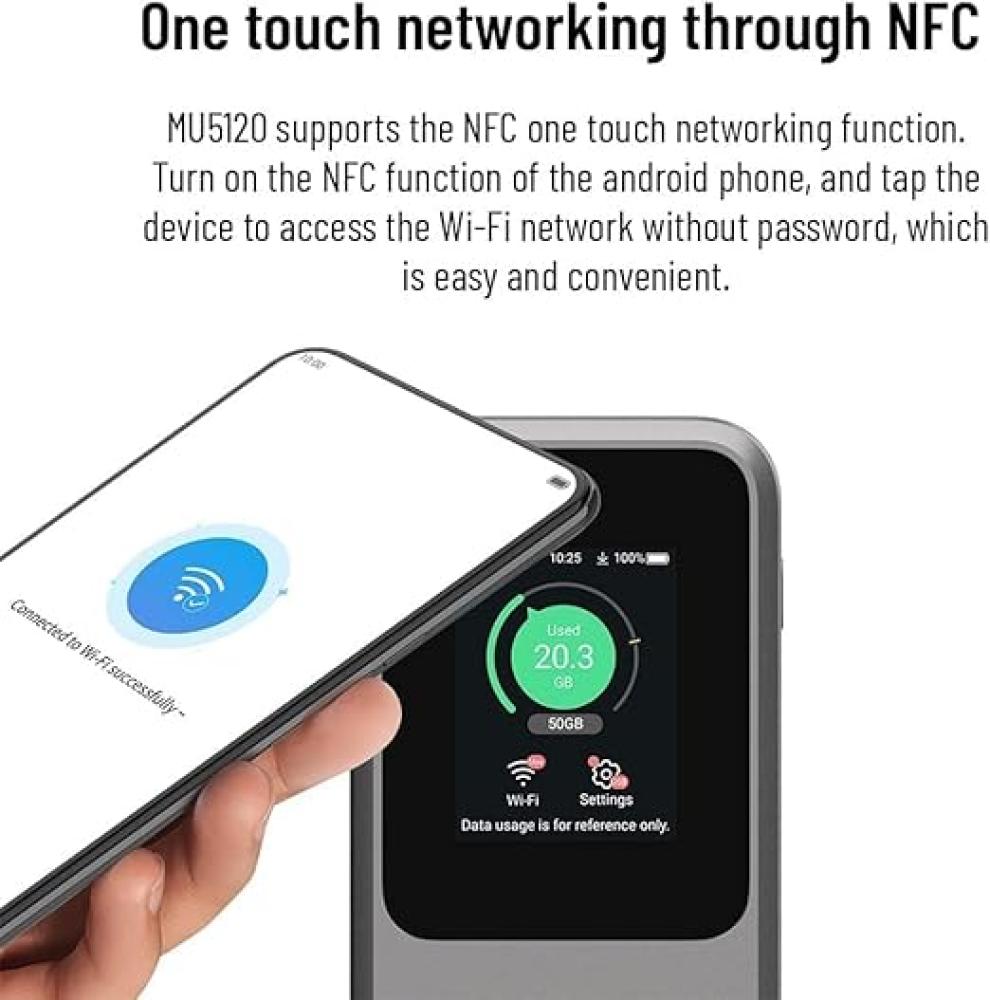راوتر محمول ZTE-5G-MU5120 من شركة الاتصالات السعودية بطارية 10000mAhيعمل على جميع الشبكات مع اتصال اسهل NFC، رمادي
