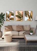 طقم من ٣ لوحات كانفاس على إطار خشبي، تصميم أوراق ن...