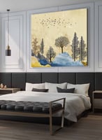 لوحة كانفاس مربع على إطار خشبي، تصميم شجر و زهور،...