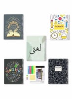 مجموعة أدوات مدرسية وخمسة دفاتر سلك ٦٠ ورقة بغلاف...