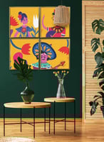 طقم من ٤ لوحات كانفاس مربع على إطار خشبي، تصميم فن...