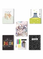 مجموعة أدوات مدرسية وخمسة دفاتر سلك ٦٠ ورقة بغلاف...