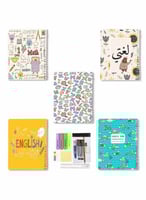 مجموعة أدوات مدرسية وخمسة دفاتر سلك ٦٠ ورقة بغلاف...