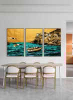طقم من 3 لوحات كانفاس بتصميم بحر وقارب وطيور