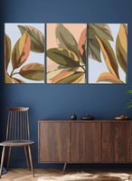 طقم من ٣ لوحات كانفاس على إطار خشبي، تصميم أوراق ن...