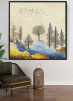 لوحة كانفاس مربع على إطار خشبي، تصميم شجر و زهور،...