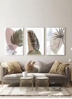 طقم من ٣ لوحات كانفاس على إطار خشبي، تصميم أوراق ن...