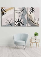 طقم من 3 لوحات كانفاس على إطار خشبي، تصميم أوراق ن...