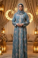 جلابية مشجرة سماوي بكنار كروشيه