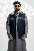 سديري قماش خلية كحلي غامق بياقة فرو ايطالي