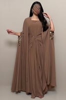 جلابيه قطعتين ملكي مطرز شيفون بني