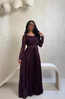 فستان بنفسجي دانتيل بأكمام طويلة وتفاصيل مطرزة مع...