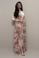 فستان سهرة وردي نود طويل بنقشة انيقة ناعمة