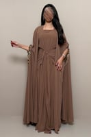 جلابيه قطعتين ملكي مطرز شيفون بني