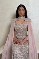 فستان فضي مطرّز بالكامل مع وشاح شيفون بلون لحمي