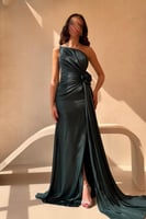 فستان سهرة أخضر غامق كت مزين بوردة على الخصر مع فت...