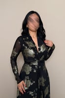 فستان سهرة أسود مشجر بعقدة خصر أنيقة