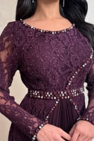 فستان بنفسجي دانتيل بأكمام طويلة وتفاصيل مطرزة مع...