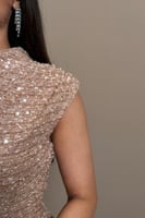 فستان لحمي غامق بتصميم أنثوي لامع وانسيابي