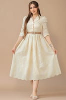 فستان كلاسيكي بيج غامق بحزام جلد فاخر