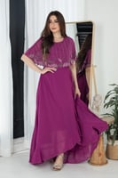 فستان طويل روز مزين بالفصوص مع كشكشة جانبية